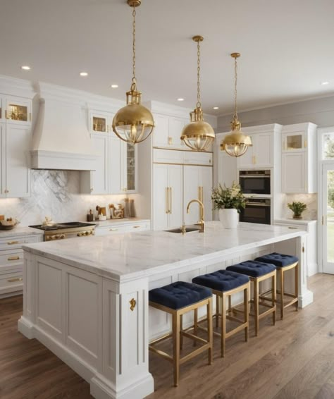 Cream White Kitchen Ideas, White And Gold Kitchen With Island, White And Gold House Interior, Gold Kitchen Aesthetic, Grey And Gold Kitchen, Baroque Kitchen, Gold And White Kitchen, Kitchen With Gold Accents, White And Gold Kitchen