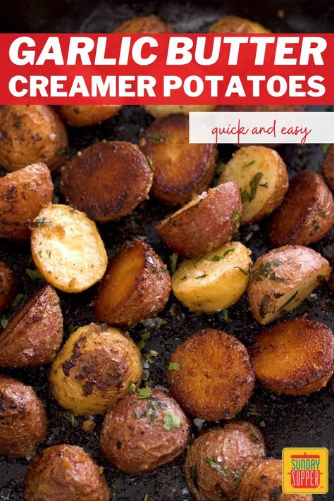 Small potatoes roasted in a skillet with a crispy skin. Creamer Potatoes Baked, Creamery Potatoes Recipes, Roasted Creamer Potatoes In Oven, Creamer Potato Recipes, Roasted Creamer Potatoes, Wedding Potatoes, Creamer Potatoes Recipes, Roasted Small Potatoes, Buttered Potatoes Recipe