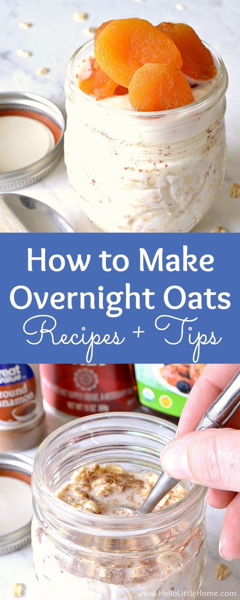 How to Make Overnight Oats … delicious recipes + tons of simple tips! This healthy overnight oats recipe is great for busy morning breakfasts. Make these easy overnight oats in a jar, then try one of the variations: with milk or yogurt, overnight oats without yogurt, even dairy free and vegan overnight oats! This basic overnight oats recipe is healthy and perfect for clean eating! | Hello Little Home #OvernightOats #overnightoatmealrecipe #oatmeal #masonjaroatmeal #easybreakfastrecipe #breakfast Overnight Oats Without Yogurt, Yogurt Overnight Oats, Basic Overnight Oats, Overnight Oats Healthy Clean Eating, Healthy Overnight Oats Recipe, Dairy Free Overnight Oats, Basic Overnight Oats Recipe, Oats With Yogurt, Healthy Overnight Oats