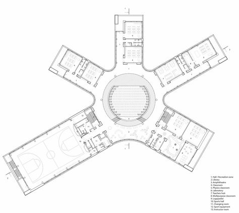 Idea 3149924: Wunderpark International School and Community center by ARCHSTRUKTURA in Russia School Building Plans Architecture, Radial Architecture Plan, Community Center Design, Community Centre Plan, Plan Of School Architecture, Primary School Design Architecture Plan, Culture Center Architecture, Student Activity Center Architecture, Elementary School Architecture Plan