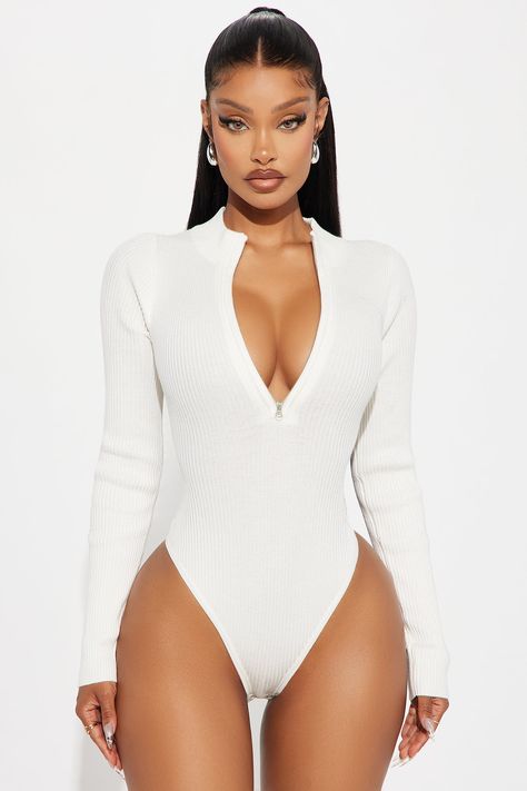 Available In Black, Rust, And White. Bodysuit Mock Neck Long Sleeve Zipper Detail Cheeky Bottom Snap button Closure Ribbed Stretch Final Sale 70% Rayon 30% Polyester Imported | Maddie Ribbed Bodysuit in White size XL by Fashion Nova White Full Bodysuit, Full Bodysuit Outfit, Corset Top Outfit, Full Bodysuit, Full Body Suit, Body Suit Outfits, Artist Quotes, Mock Neck Long Sleeve, Aerial Yoga