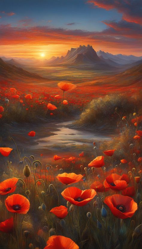 Painting of a wonderful field of poppies - AI creation Poppy Landscape, Fantasy Fields, Element Art, Im Poppy, Field Of Poppies, Poppy Garden, Poppy Fields, Sketchbook Inspo, Poppy Painting