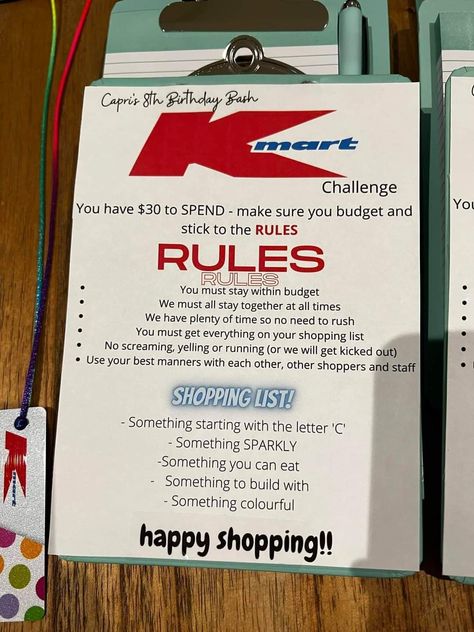 Parents are now hosting children's birthday parties at KMART where they give children $20 each and clues to find special treats around the store Mall Challenge Ideas, Kmart Party Challenge, Kmart Birthday Party Challenge, Kmart Challenge Party, Kmart Birthday Party Ideas, Kmart Challenge, Mall Birthday Party Ideas, Kmart Party, Mall Birthday Party