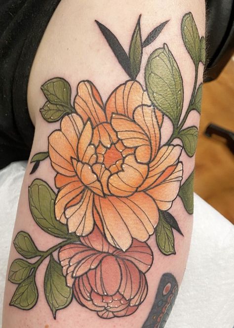 Flower Patch Tattoo, Neotraditional Patchwork Sleeve, Neotrad Flowers, Poppy Tattoo Ideas, Poppy Tattoo Meaning, California Poppy Tattoo, Dahlia Tattoo, Bloom Tattoo, Poppy Flower Tattoo