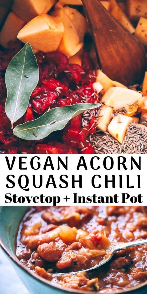 This super easy, healthy and delicious vegetarian chili recipe is packed with acorn squash, pinto beans and the perfect blend of spices for a most hearty and comforting autumn-inspired Instant Pot pressure cooker dish! Plus, stovetop instructions! #acornsquashchili Acorn Squash Chili Recipe, Acorn Squash Instant Pot Recipes, Acorn Squash Vegan Recipes, Acorn Squash Chili, Vegan Acorn Squash Recipes, Vegan Acorn Squash, Chili Stovetop, Squash Recipes Vegan, Squash Chili