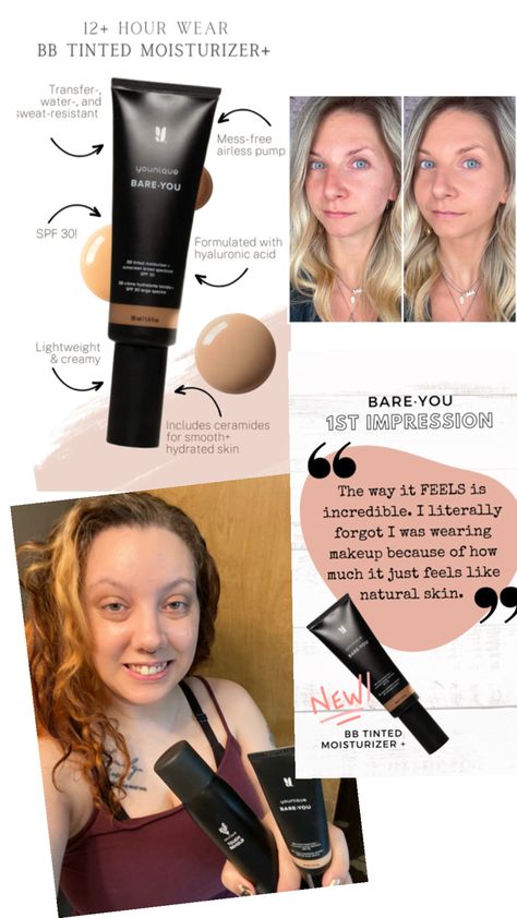 YOUNIQUE BARE·YOU BB tinted moisturizer+ gives the perfect dewy finish for youthful, radiant skin. Nourishing and hydrating ingredients give a healthy glow and plumpness while providing SPF 30 sun protection. Nine flexible shades, blend and customize for various skin tones with up to 12-hour wear*—perfect for a no-makeup makeup look that instantly reduces the appearance of dark spots and blemishes and gives a naturally flawless, beautiful complexion. Beauty Inspo, Tinted Moisturizer, Healthy Glow, Makeup Makeup, Bb Cream, Radiant Skin, Younique, Dark Spots, Sun Protection