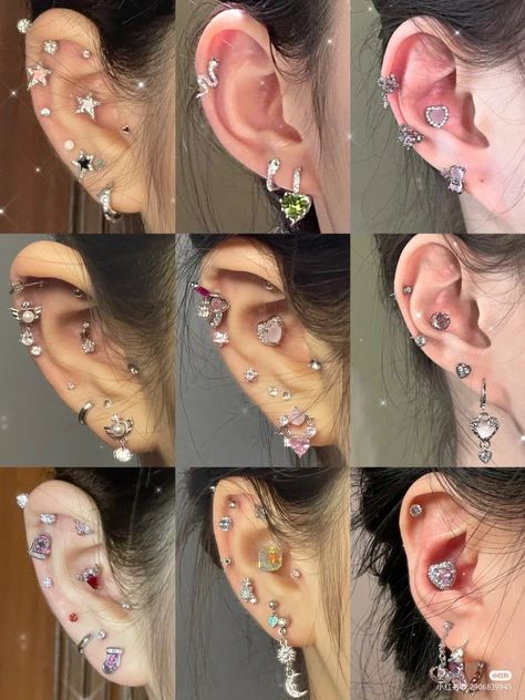 Ear With Multiple Piercings, Crazy Ear Piercings, Pretty Piercings Ear, Lot Of Ear Piercings, Ear Inspo Jewelry, Edgy Ear Piercings Aesthetic, 4 Piercings In Ear, Fully Pierced Ears, Ear Piercing Set Up