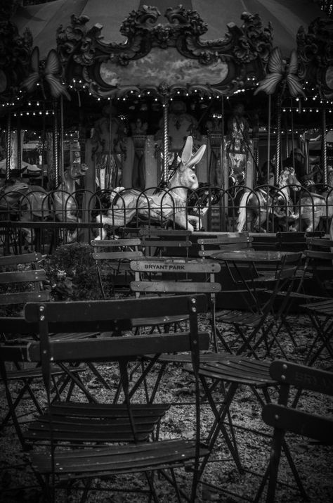 forthepleasureofmylife:  Le Carousel in Bryant Park New York Photo: Dieter Krehbiel Creepy Carnival, Dark Circus, New York City Photos, Nyc Park, Last Ride, Coin Operated, Bryant Park, New York Photos, Merry Go Round