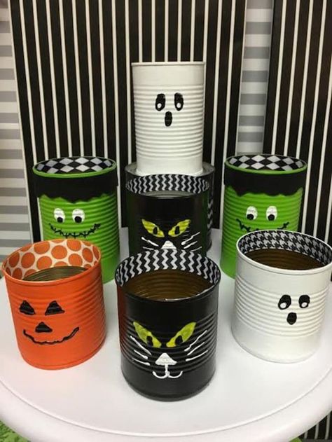 This Southern Girl Can Tin Can Halloween, Halloween Milk Jugs, Indoor Bowling, Tin Can Centerpieces, Tin Can Decorations, Coffee Can Crafts, Recycled Tin Cans, Fall Decor Diy Crafts, Halloween Wood Crafts