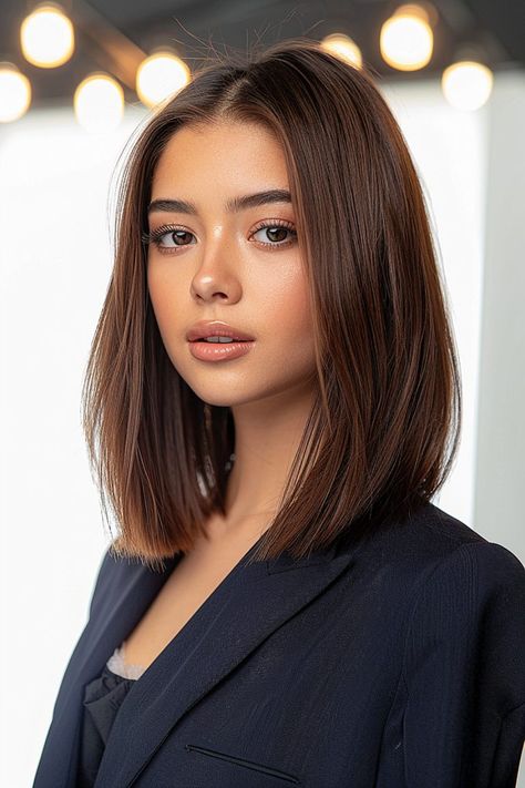 Sleek mid-length haircut with a precision blunt cut and rich brunette color. Layered Collar Bone Length Hair Straight, Sleek Medium Length Hair, Collarbone Vs Shoulder Length Hair, Chocolate Brown Hair Collar Bone Length, Invisible Layers Haircut Shoulder Length, Collarbone Length Hair Blowout, Collarbone Length Hair, Sleek Short Hair, Haircuts For Medium Length Hair