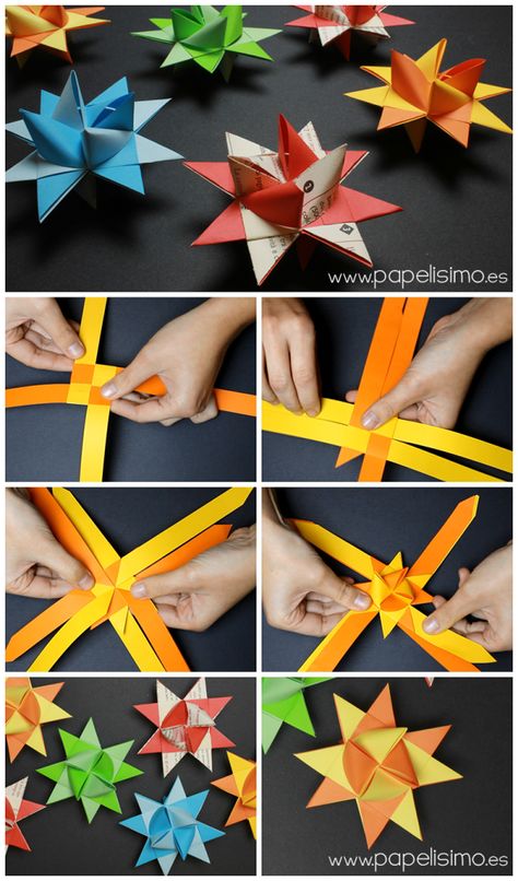 DIY Origami Stars                                                                                                                                                      Más X Mass Decorations, How To Make An Oragami Star Step By Step, German Stars Tutorial, Paper Strip Origami, What To Do With Paper Stars, Origami Stars Step By Step, Origami Star Instructions, Diy Christmas Paper, Origami Tutorials