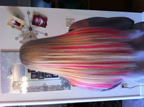 Hot pink and platinum blonde extensions! Hot Pink Extensions, Hot Pink Hair Extensions, Bright Pink Highlights In Blonde Hair, Hot Pink Highlights In Blonde Hair, Hot Pink And Blonde Hair, Hair Streaks Blonde, Pink Hair Blonde, Pink Hair Streaks, Pink Hair Highlights