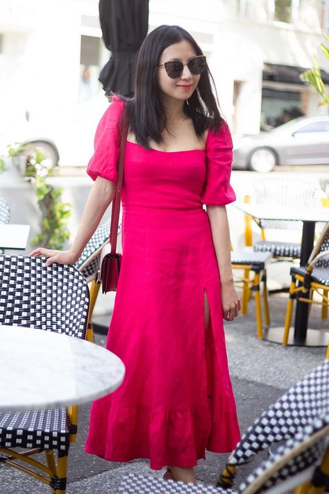 Hot Pink Dress with Oversized Sleeves and High Slit Dark Pink Midi Dress, Hot Pink Dress Outfit Casual, Bright Pink Dress Outfit, Pink Dress Outfit Casual, Hot Pink Dress Outfit, Fuschia Pink Dress, Engagement Stage, Hot Pink Midi Dress, Pink Dress Outfits