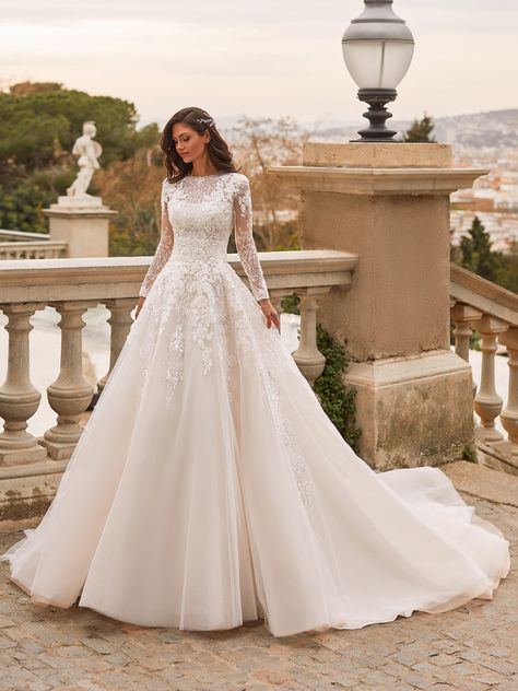 Princess wedding dress with boat neckline, long sleeves and transparent back Pronovias Wedding Dress, Pretty Wedding Dresses, Fancy Wedding Dresses, Cute Wedding Dress, White Wedding Dress, Princess Wedding Dress, Dream Wedding Ideas Dresses, Sleeve Wedding Dress, A Wedding Dress