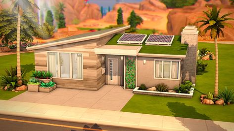 Midcentury Modern Sims 4, Sims 4 Mid Century House, Eco Modern House, Sims 4 Eco Lifestyle House, Sims 4 Mediterranean House, Dinkum Ideas, Sims 4 Mid Century Modern, Sims 4 Eco House, Sims 4 Tiny House