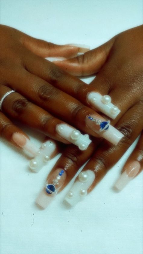 Long Nails With Pearls, Nail Piercing Acrylic, Old Acrylic Nails, Nails W Pearls, Acrylic Nails With Pearls, Pearl Acrylic Nails, Blue Pearl Nails, Blue Prom Nails, Planet Nails