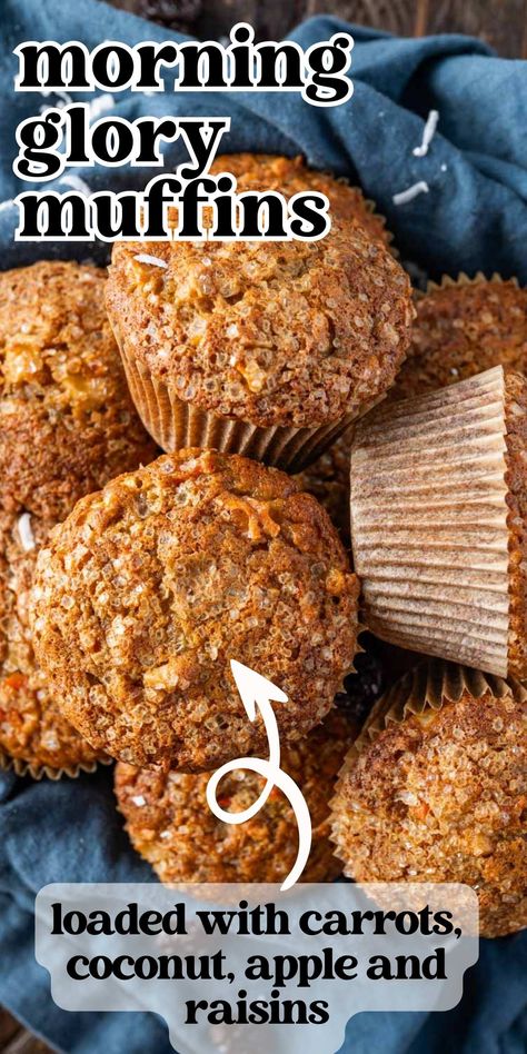 This morning glory muffin recipe makes the perfect muffins in 35 minutes! An old fashioned recipe loaded flavors of carrot, raisin, walnut and apple. Glorious Morning Muffins, Raisin Cake Recipe, Raisin Bran Muffin Recipe, Morning Glory Muffin, Carrot Raisin Muffins, Bran Muffin Recipe, Morning Glory Muffins Healthy, Apple Carrot Muffins, Bran Muffins Healthy