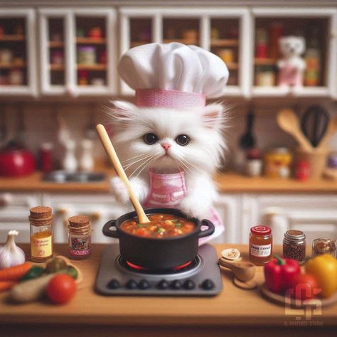 Prompt txt- 👇 A delightful photo of a small white Maltese cat, showcasing her culinary skills as a chef. she is standing in a miniature kitchen, wearing a cute pink apron and a white chef's hat. In her paws, she holds a tiny wooden spoon, stirring a steaming pot filled with delicious-looking food. The kitchen is impeccably clean, with colorful utensils and a row of spices in the background. The atmosphere is warm and inviting, with a touch of humor and playfulness., photo 👉 WhatsAPP: http://t... Colorful Utensils, Maltese Cat, White Maltese, Images Emoji, Pink Apron, Miniature Kitchen, Chefs Hat, A Chef, Culinary Skills