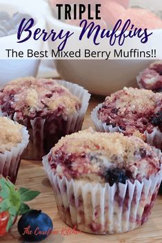 These triple berry muffins are the best-mixed berry muffins made from scratch. This is a moist berry muffin recipe made with greek yogurt and a sugar-crusted top. You can easily substitute the triple berries for blueberries and make the most amazing blueberry muffins for brunch or an afternoon snack. #mixedberrymuffins #bestmuffins #muffin #berry Homemade Mixed Berry Muffins, Best Mixed Berry Muffins, Mixed Berry Recipes Desserts, Blueberry Raspberry Muffins, Strawberry Blueberry Muffins, Triple Berry Muffins, Mixed Berry Dessert, Berry Muffin Recipe, Muffins Homemade