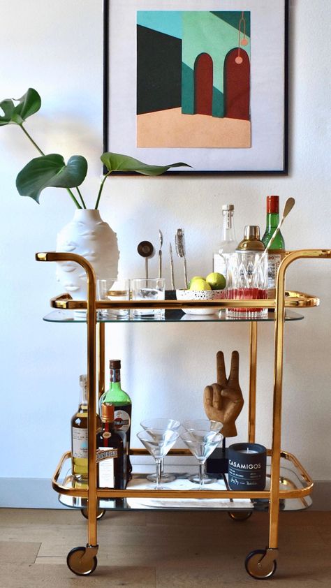 70s Bar Cart, Mcm Bar Cart, Eclectic Bar Cart, Unique Bar Cart, Mid Century Modern Bar Cart, Cocktail Corner, Perfect Bar Cart, Apartment 2023, Nyc Office