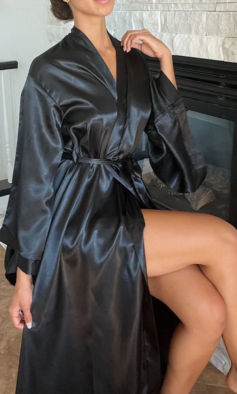 Solene - Black – Solistawear Black Satin Robe Aesthetic, Silk Black Robe, Shadow Raven, Black Silk Robe, Aliexpress Dresses, Black Satin Robe, Black Satin Fabric, Luxury Robes, Silky Robe