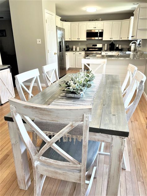 **Offering Free delivery to these states: ME, VT, NH, MA, RI, CT, NY, NJ, PA, DE, MD, WV, VA, NC, SC, OH, MI, IN, IL & WI.** **Can still deliver outside this area, contact me for a quote.** **This listing is for a rustic farmhouse table made of solid pine.  All tables are handmade in my shop and can be customized. I use All American made materials. Each piece of the table is  sanded, stained, and tops are treated for protection against spills, stains etc.  Can use other wood types like Maple, Walnut, Cherry, oak and other woods are available...message me for pricing. - Breadboard ends additional $150 - Jointing the table additional $150 (Jointing eliminates the groove between the table top planks) - For matching chairs visit:https://www.etsy.com/listing/1504171471/dining-chairs-farmhouse-c 2023 Kitchen Tables, Farmhouse Small Kitchen Table, Farmhouse Rectangle Dining Table, Table Runners Farmhouse, Farmhouse Kitchen Table Chairs, Rustic Table Setting Home, Farmhouse Table Decorations, Modern Farmhouse Kitchen Tables, White Kitchen Table Ideas