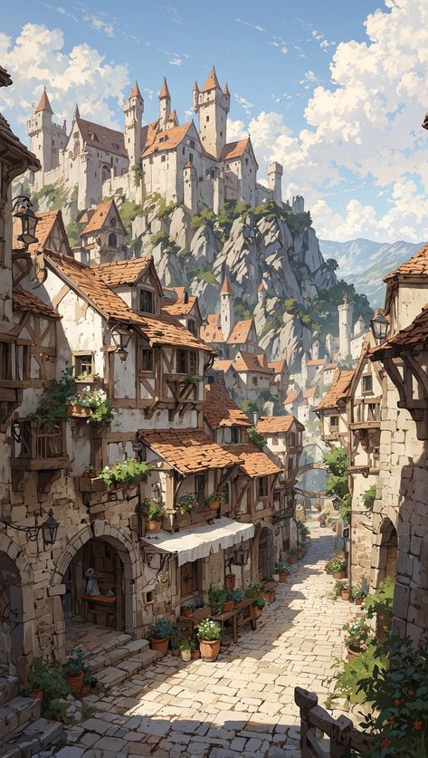 🏰 "The Paladin's Quest: Unveiling Legends" In a sun-drenched valley nestled a majestic castle, perched atop craggy cliffs. Below, a village brimmed with life; its cobblestone streets and timbered houses echoed with the bustling of daily toil. Here, a paladin clad in gleaming armor took his first steps on a fabled quest. He was to retrieve a lost relic, shielded by the whispers of ancient spirits atop the highest tower. Valor guiding him, he ventured through the village, hearts alight with ho... Medieval Town Concept Art, Medivial Village, Dnd City Art, Fantasy Castle Art, Castle Reference, Castle Village, Tiny Glade, Fantasy Tower, Medieval Street