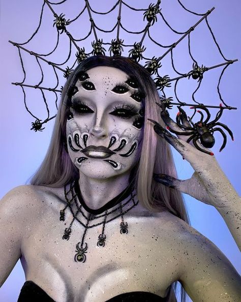 Spider Queen Makeup Halloween, Spider Sfx Makeup, Arachnophobia Makeup, Bladesong Wizard, Crazy Costume Ideas, Spider Makeup Looks, Spider Queen Makeup, Spider Makeup Halloween, Spider Queen Costume