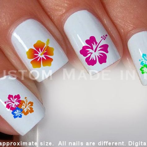 Hibiscus Flower Nail Art, Hibiscus Flower Nail, Tropical Flower Nails, Hawaiian Flower Nails, Theme Nails, Waterslide Images, Hawaii Nails, Flower Hibiscus, Paris Nails