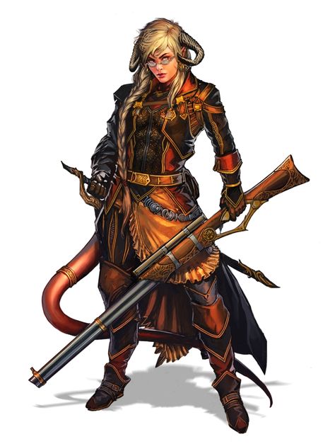 Female Tiefling Gunslinger -  Pathfinder PFRPG DND D&D 3.5 5th ed d20 fantasy Tiefling Gunslinger, Dungeon Punk, Artificer Aesthetic, Character Collection, Arte Fantasy, Fantasy Rpg, 판타지 아트, Fantasy Inspiration, Character Creation