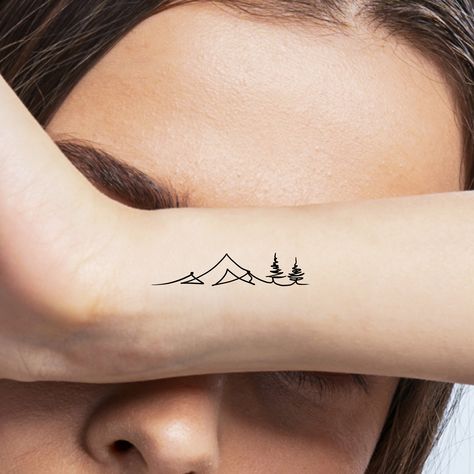 Moutain Tattoos, Alaska Tattoo, Small Mountain Tattoo, Ankle Tattoo Ideas, Geometric Mountain Tattoo, Camping Tattoo, Casino Tattoo, Mountain Tattoo Simple, Cool Nature