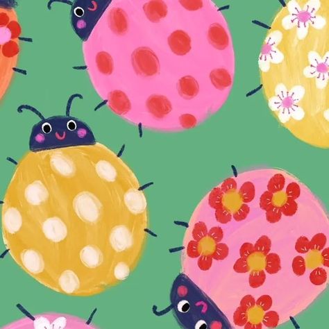 Kate McFarlane on Instagram: "Playing with colourways and my favourite bugs for #monthofmayb art challenge. This week's prompts: bugs, blossom, bulbs. Which colourway is your favourite? #artchallenge #artprompts #ladybird #ladybug #blossom" Ladybug Canvas Painting, Ladybird Wallpaper, Kate Mcfarlane, Ladybug Painting, Ladybug Aesthetic, Bug Illustration, Illustration For Kids, Applique Stitches, Ladybug Art