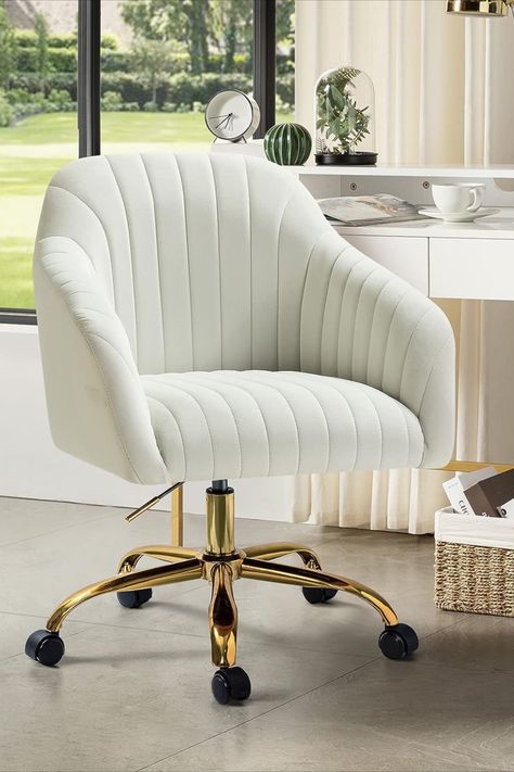 I have been obsessed with this swivel chair recently because it perfectly matches the aesthetic of my room. The off white is always a very classy look and the gold detailing easilly adds to the clean girl aesthetic #college #dorm #cleangirlaesthetic Bedroom Necessities, Cute Computer, Wooden Desk Chairs, Chair Wheels, Home Office Desk Chair, Aesthetic College, Swivel Chair Desk, Dream Future, Dream Office