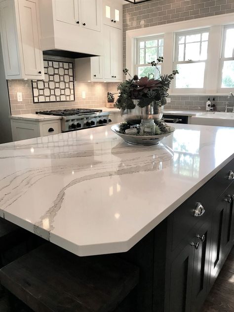 Kitchen Island Ideas Quartz, Quartz Countertops Island, Medium Gray Quartz Countertop, Beautiful Countertop Ideas, Quarts Counter Tops Kitchen White Backsplash, Farmhouse Quartz Countertops, Bold Kitchen Countertops, 2 Different Countertops In Kitchen, Cambrian Quartz Countertops