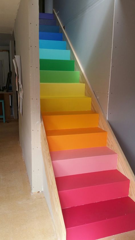 Colored Staircase, Rainbow Hallway, Unique Stairs, Rainbow Stairs, Lightning Ideas, Rainbow Tile, Stair Art, Painted Staircases, Daycare Decor