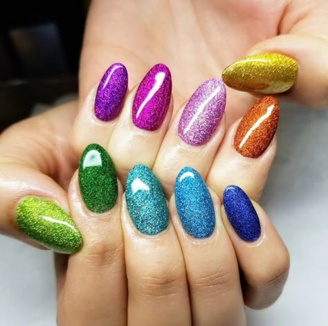 Glitter Rainbow Nails, Rainbow Glitter Nails, Vegas Nails, Nail Board, Bunny Nails, Purple Nail Polish, Nail Idea, Nails Only, Sparkle Nails