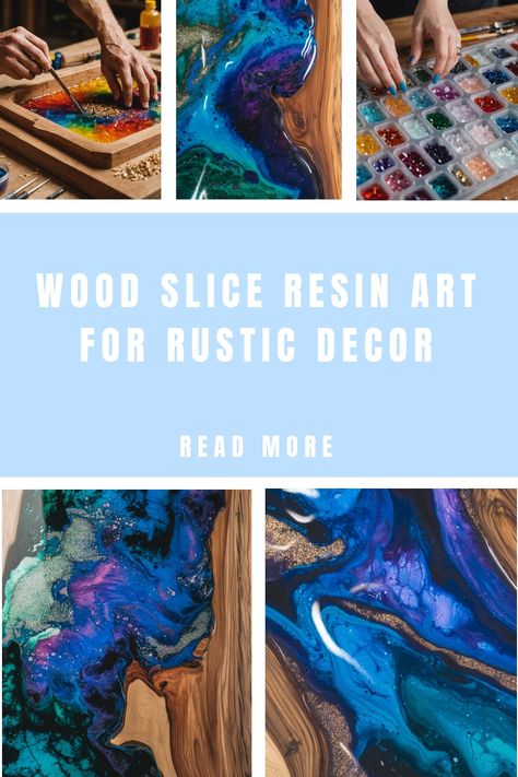 Hands creating colorful wood slice resin art with blue and green swirls. Resin Over Wood, Mixed Media Resin Art, Resin Wood Art, Resin On Wood, Resin And Wood Diy, Amazing Resin, Resin Crafts Tutorial, Acrylic Pouring Techniques, Fusion Art