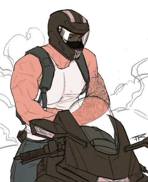 Motorcycle Guy Drawing, Character X Y/n, Biker Oc Art, Motorcycle Men Drawing, Mage Aesthetic Outfits, Biker Boy Drawing, Masked Man Drawing, Holding Helmet Pose, Gutspill Art