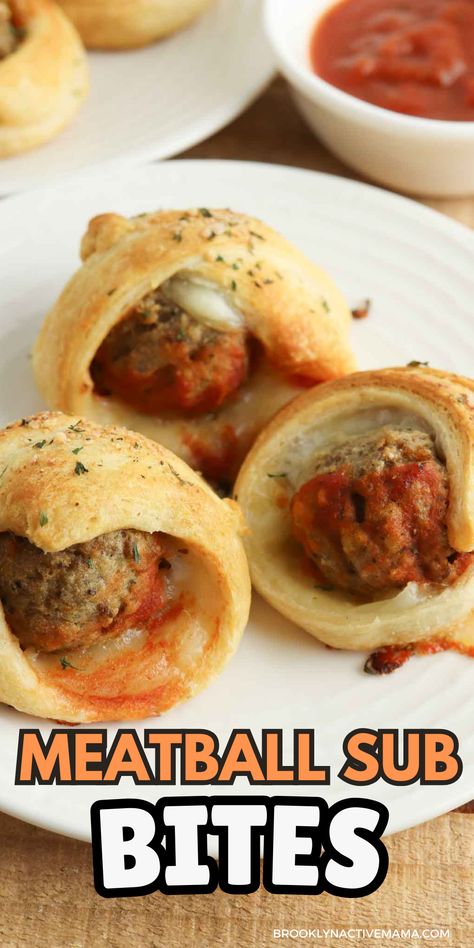 Meatballs And Pie Crust, Crescent Rolls And Meatballs, Spaghetti Meatball Appetizer, Small Meatballs Appetizers, Crescent Roll Meatball Appetizers, Italian Sub Bites 12 Tomatoes, Easy Meatball Appetizers, Frozen Meatball Meal Ideas, Healthy Meatball Subs