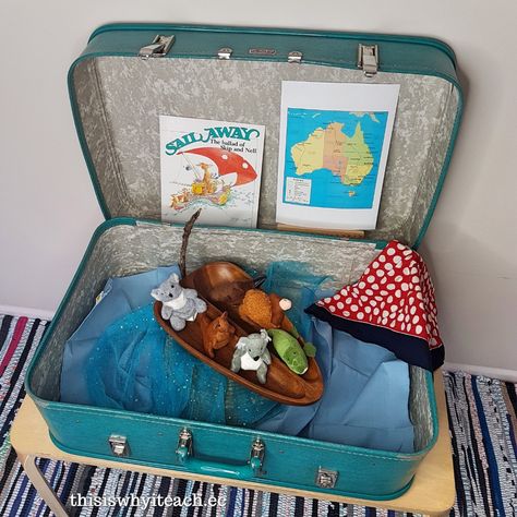 I thought the suitcase was the perfect small world solution for this invitation. Sail Away by Mem Fox combines several children's interest: travel, maps, Aussie animals and small world play. #handsonlearning #learningthroughplay #smallworldplay #preschool #kindergarten #earlychildhood #MemFox #invitationtoplay Suitcase Display, Story Baskets, Why I Teach, Aussie Animals, One Suitcase, Wood Cookies, Small Suitcase, Old Suitcases, Tuff Tray