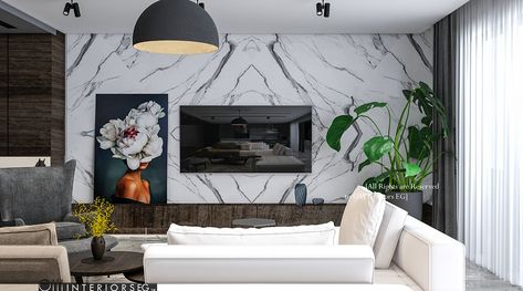 Luxurious Living Space on Behance Marble Wall Panel, Marble Veins, Marble Carrara, Fire Wall, Feature Wall Living Room, Living Tv, Shower Wall Panels, Diy House Renovations, Entertainment Wall