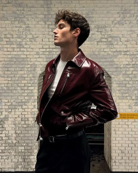 Burgundy Jacket Outfit Men, Dark Red Outfit Men, Burgundy Men Outfit, Vintage Leather Jacket Outfit Men, Red Leather Jacket Aesthetic, Burgundy Outfit Men, Burgundy Leather Jacket Outfit, Red Outfit Men, Red Leather Jacket Men