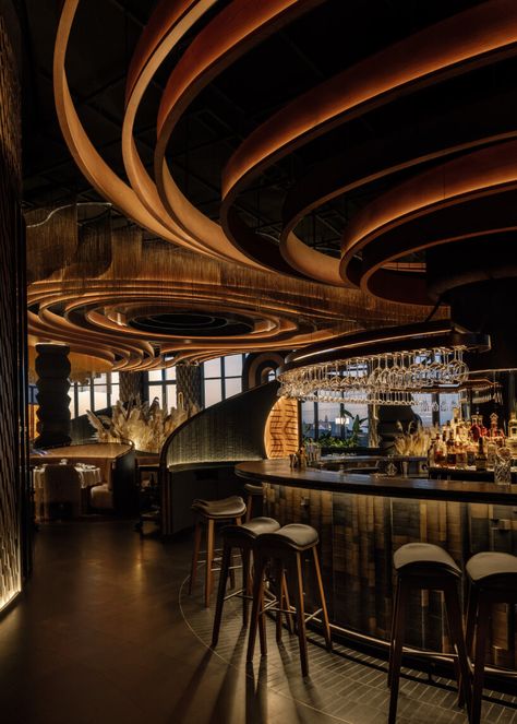 essence of charred wood and fire engulfs astet studio's nocturnal restaurant in dubai Hotel Bar Design, Dubai Restaurant, Restaurant In Dubai, Underground Bar, Bar Counter Design, Hotel Facade, Timber Architecture, Night Bar, Lounge Club