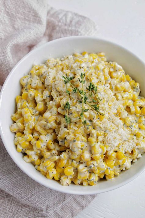 I'm obsessed with this homemade creamed corn recipe! It uses cream cheese, parmesan cheese, and Italian spices. This recipe is so easy and only has 4 main ingredients. I love how cheesy this creamed corn recipe is! You can easily keep it warm on the stovetop or in a crockpot if you want to make it ahead of time for Thanksgiving dinner. This would be a great holiday side dish for a crowd! Creamed Corn With Cream Cheese, Corn With Cream Cheese, Cream Corn Recipe, Side Dish For A Crowd, Homemade Creamed Corn, Dish For A Crowd, Homemade Cream Corn, Cream Cheese Corn, Cooking Thanksgiving Dinner