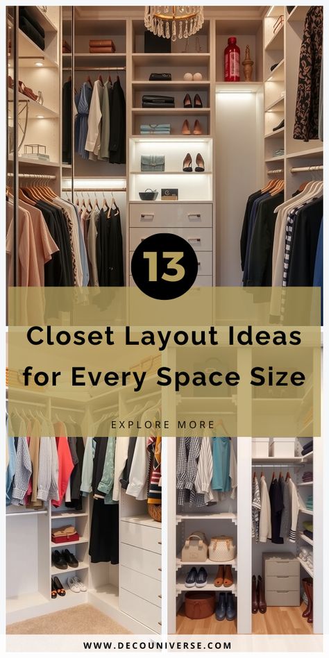 Transform your closet into an organized haven with these 13 layout ideas that maximize space and style. Odd Shaped Closet Design, U Shaped Dressing Room, Dimensions For Walk In Closet, Small L Shaped Walk In Closet Ideas, Double Wide Closet Remodel, Full Wall Closet Ideas Bedroom, Closet With Peninsula, Walk In Closet Ideas Narrow, Reach In Closet Organization Ideas