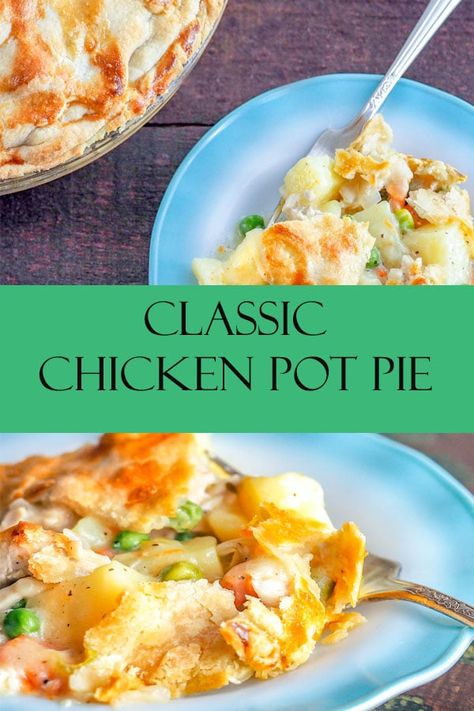 A satisfying cool weather comfort food this chicken pot pie is a classic family dinner that will please the pickiest eater! Perfectly seasoned chicken that has been cooked until fork tender then added to savory cooked potatoes and carrots in a cream sauce then baked in a pie crust until golden brown. A great budget friendly meal that can use up the leftovers in your fridge! #mondayismeatloaf #chickenpotpie #chickenpotpierecipe #chickenpotpiecasserole #chickenpotpieeasy Chicken Pot Pie Damn Delicious, Damn Delicious Chicken Pot Pie, Chicken Pot Pie With Potatoes Recipe, Chicken Pot Pie Casserole With Potatoes, Easy Chicken Pot Pie With Potatoes, Chicken Pot Pie With Potatoes, Damn Delicious Chicken, Pot Pie With Potatoes, Classic Chicken Pot Pie