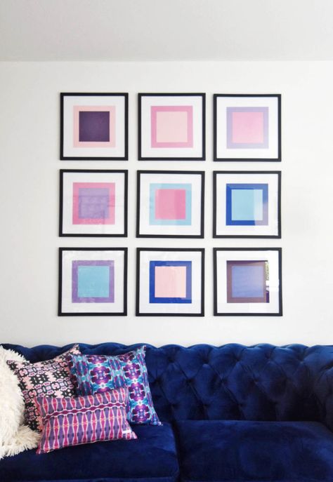 Housewife Eclectic: This DIY Color Block Wall Art replaced my original artwork idea for the room, and it’s an colorful, easy, and cost effective way to cover a large wall with art. Diy Color Block Wall, Colorblock Art, Color Block Wall, Metal Wall Art Panels, Living Room Reveal, Crafts Diy Projects, Big Wall Art, Group Ideas, Rooms Reveal