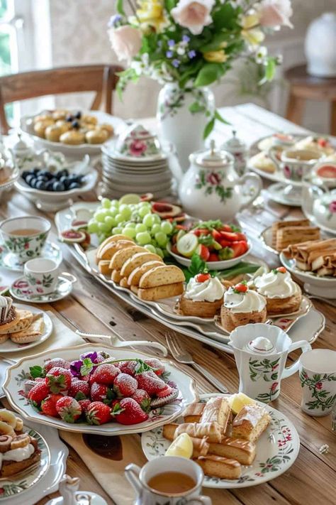 It's Teatime! 25 Creative Afternoon Tea Themes You Will Adore • Tea Party Table Settings, Afternoon Tea Tables, High Tea Food, Tea Party Table, Afternoon Tea Party, High Tea Party, Tea Party Food, Tea Party Decorations, Afternoon Tea Parties