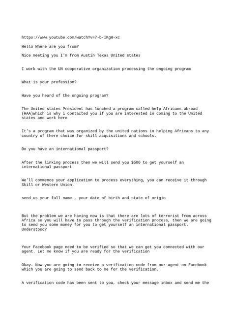 The document discusses a program called the Help Africans Abroad program run by the United Nations. It involves helping Africans relocate to other countries for education and skill development opportunities. The person expresses interest in learning more about the program and being connected with an agent. However, the details provided raise concerns that it may involve a scam, as the person is asked to provide personal details and verify their identity on Facebook in order to receive money. Facebook Hacking Format, Facebook Hack, International Passport, Bills Quotes, Hacking Books, Hack Facebook, Nice Meeting You, United States Presidents, Skill Development