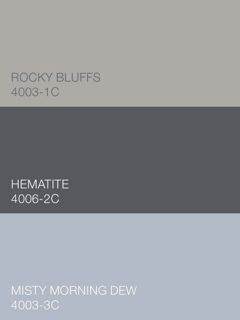 Pale. Smoky. Pretty. Rocky Bluffs 4003-1C, Hematite 4006-2C and Misty Morning Dew 4003-3C by Valspar infuse the Simply Perfect palette with practicality and panache. Available at Lowe's. Rocky Bluffs Valspar, Office Color Ideas, Powder Room Redo, Townhome Decorating, Valspar Paint Colors, Main Bathroom Ideas, Living Room Paint Color Ideas, Valspar Paint, Living Room Paint Color